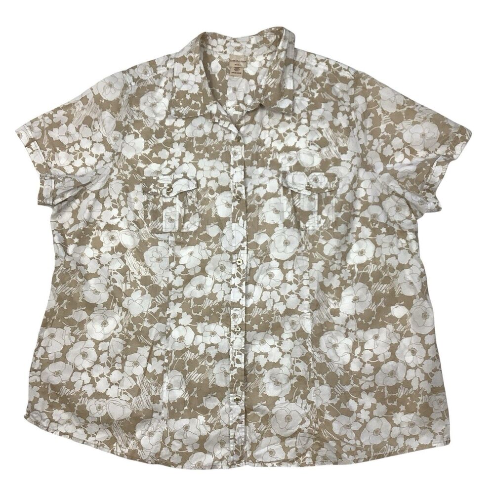 Covington Women 24W 26W Short Sleeve Button Blouse Top Shirt Tan White Floral